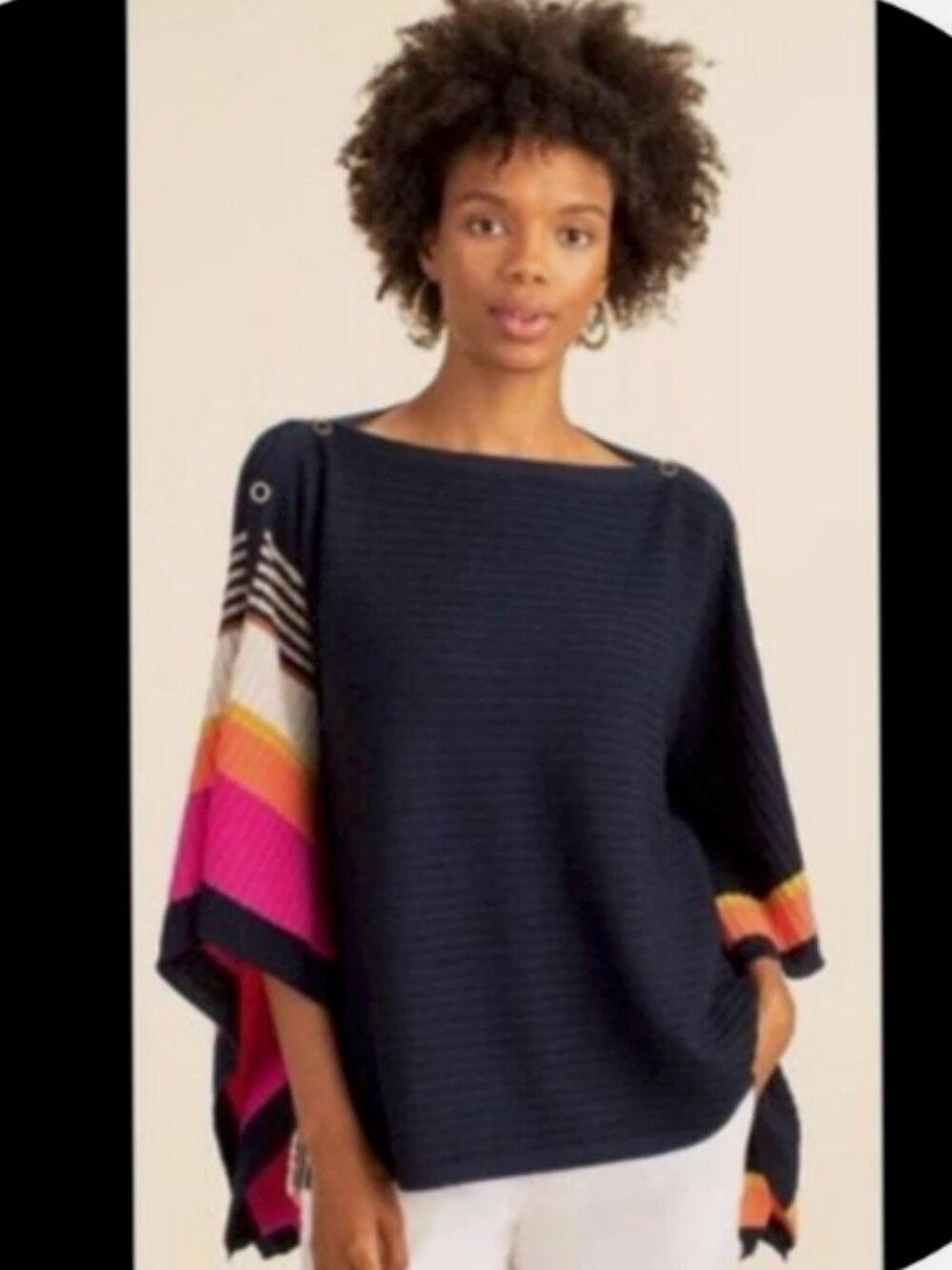 Trina Turk Chic Wrap Pullover Sweater Poncho Blue Knit Stripes and Gold Buttons - Picture 3 of 13